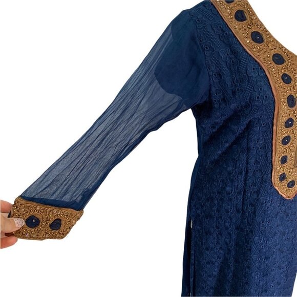 VINTAGE Handmade Brocade Ethnic Navy Dress Size S/M - Picture 7 of 10